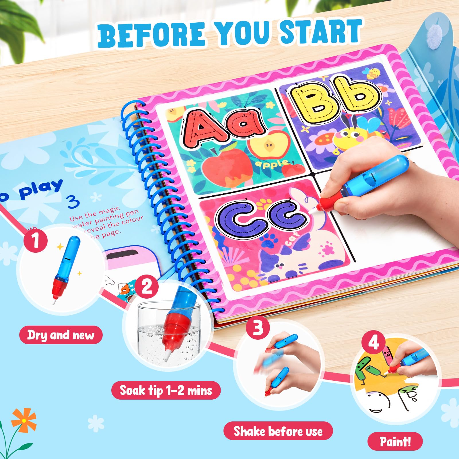 JoyCat Alphabet Water Coloring Book page with letter tracing guides for letters