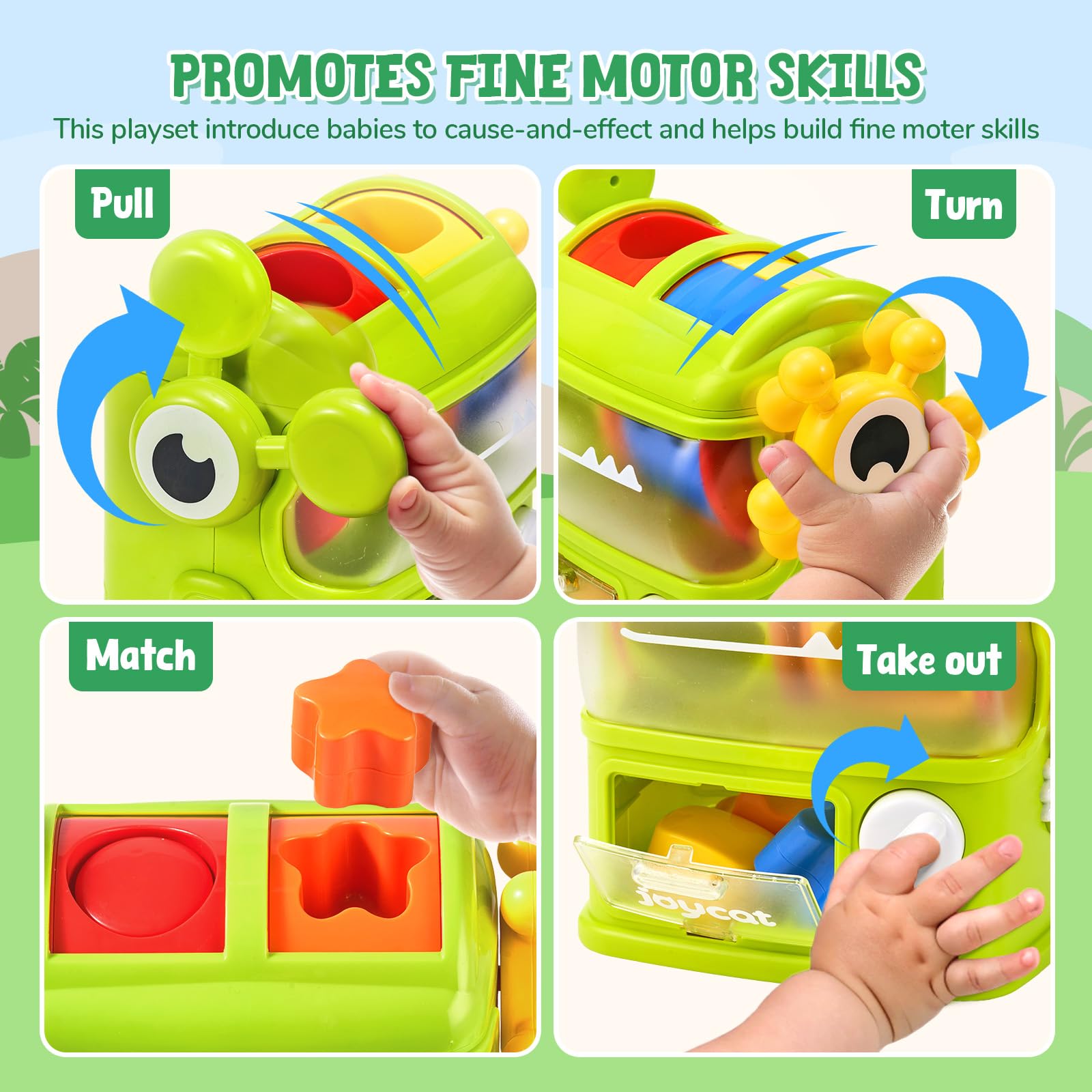 JoyCat lever and steering wheel interaction demonstrating cause-and-effect play for toddlers.