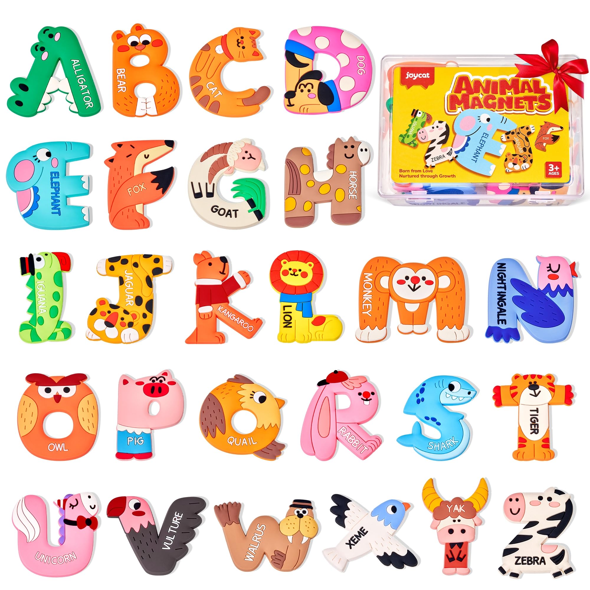 JoyCat magnetic letters with animal designs for playful alphabet learning on the fridge.