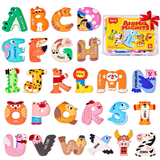 JoyCat magnetic letters with animal designs for playful alphabet learning on the fridge.