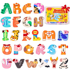 JoyCat magnetic letters with animal designs for playful alphabet learning on the fridge.
