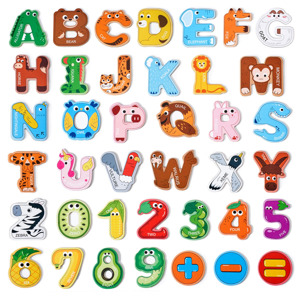 JoyCat magnetic letters on the fridge help kids learn the alphabet through colorful animal designs