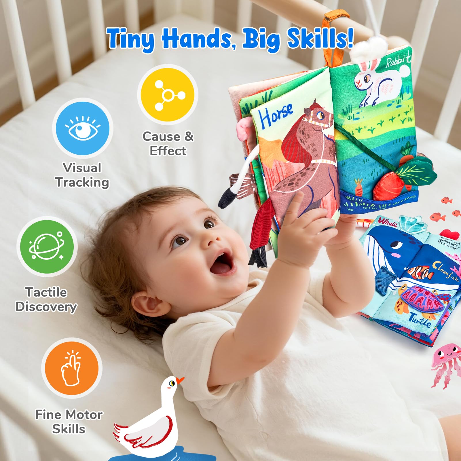 JoyCat ocean book high-contrast patterns support visual focus for early learners.