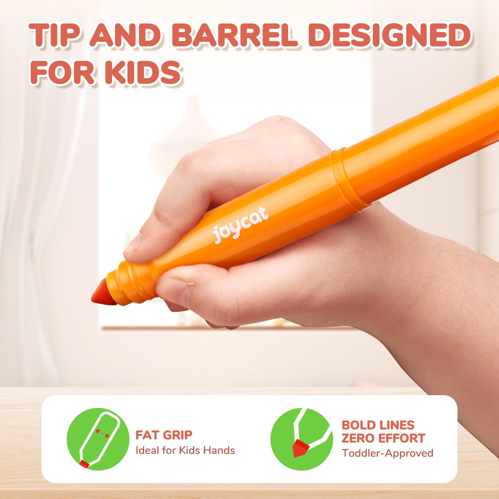 JoyCat easy-grip chunky nibs help small hands control every stroke.