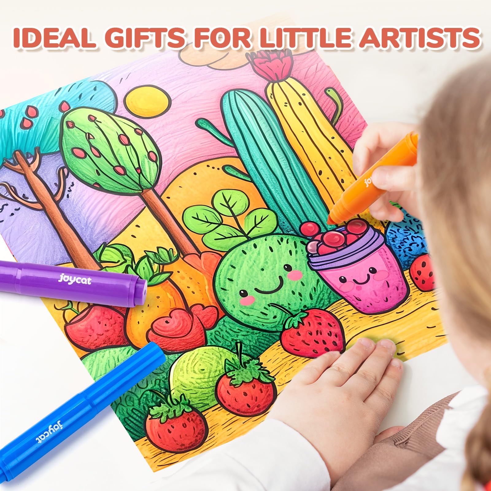 JoyCat markers shown with kids coloring sessions and imaginative play.
