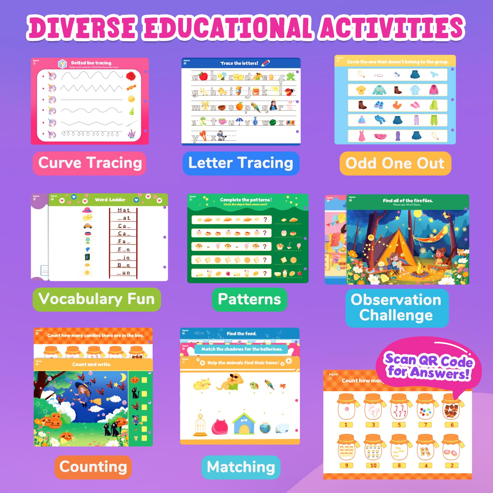 JoyCat Seek and Find Patterns theme page encouraging sequencing and matching