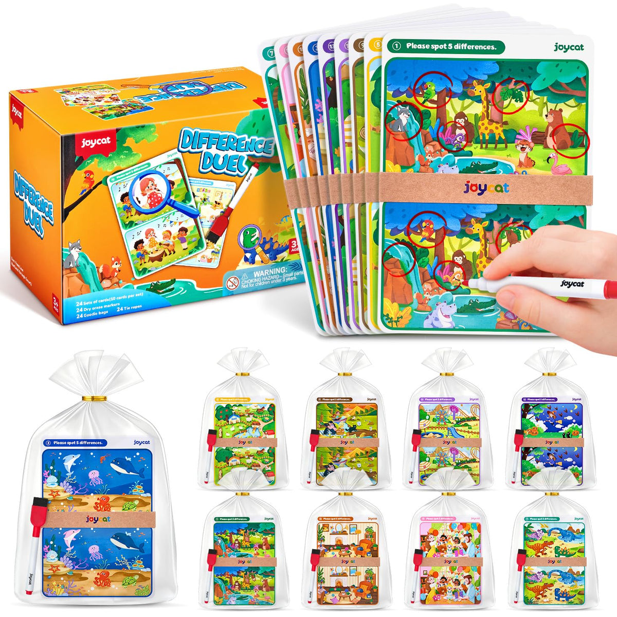 JoyCat spot-the-difference cards pack for engaging kids at parties and classrooms.
