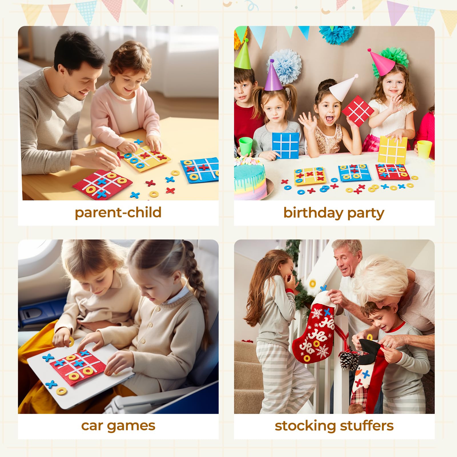 JoyCat Tic Tac Toe back-of-bag gameboard adds variety for on-the-go play.