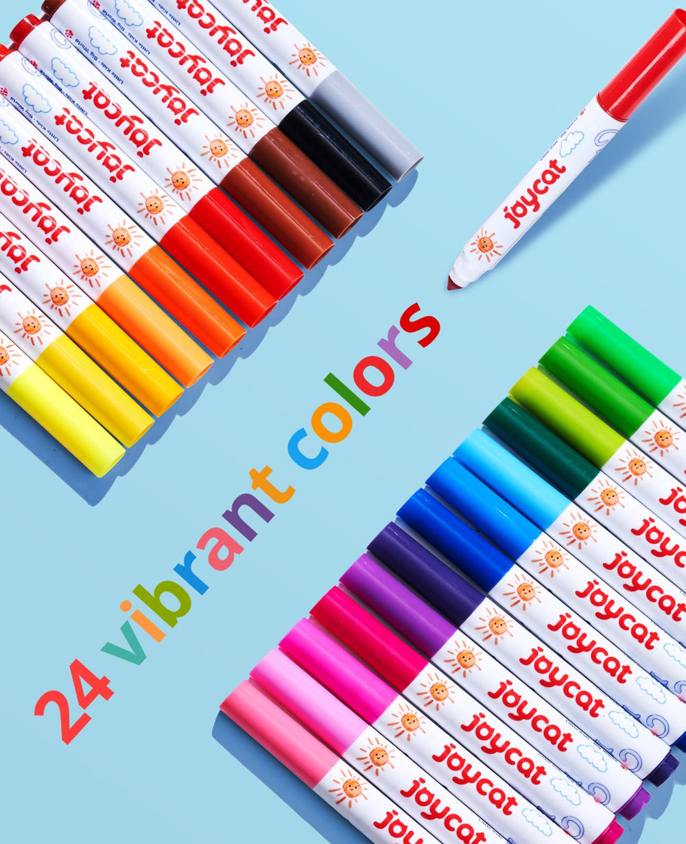 JoyCat washable markers showcase vibrant colors for classroom projects and home crafts.