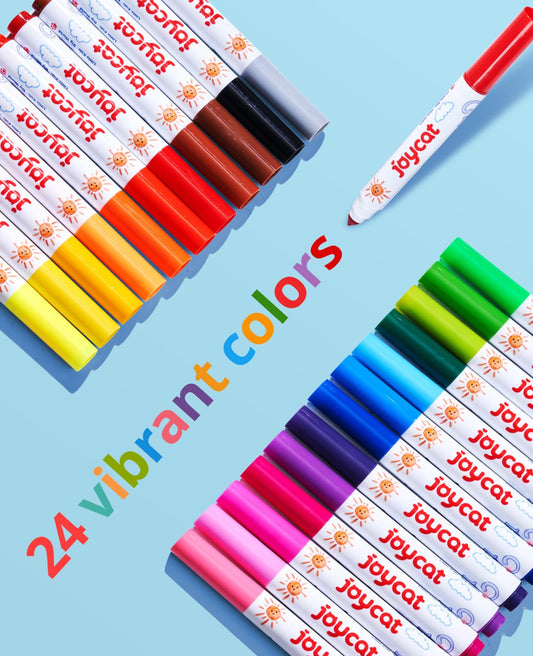 JoyCat washable markers showcase vibrant colors for classroom projects and home crafts.