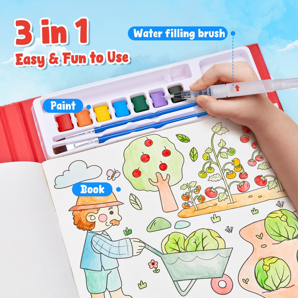 JoyCat farm-themed watercolor pages opened to bright, washable colors