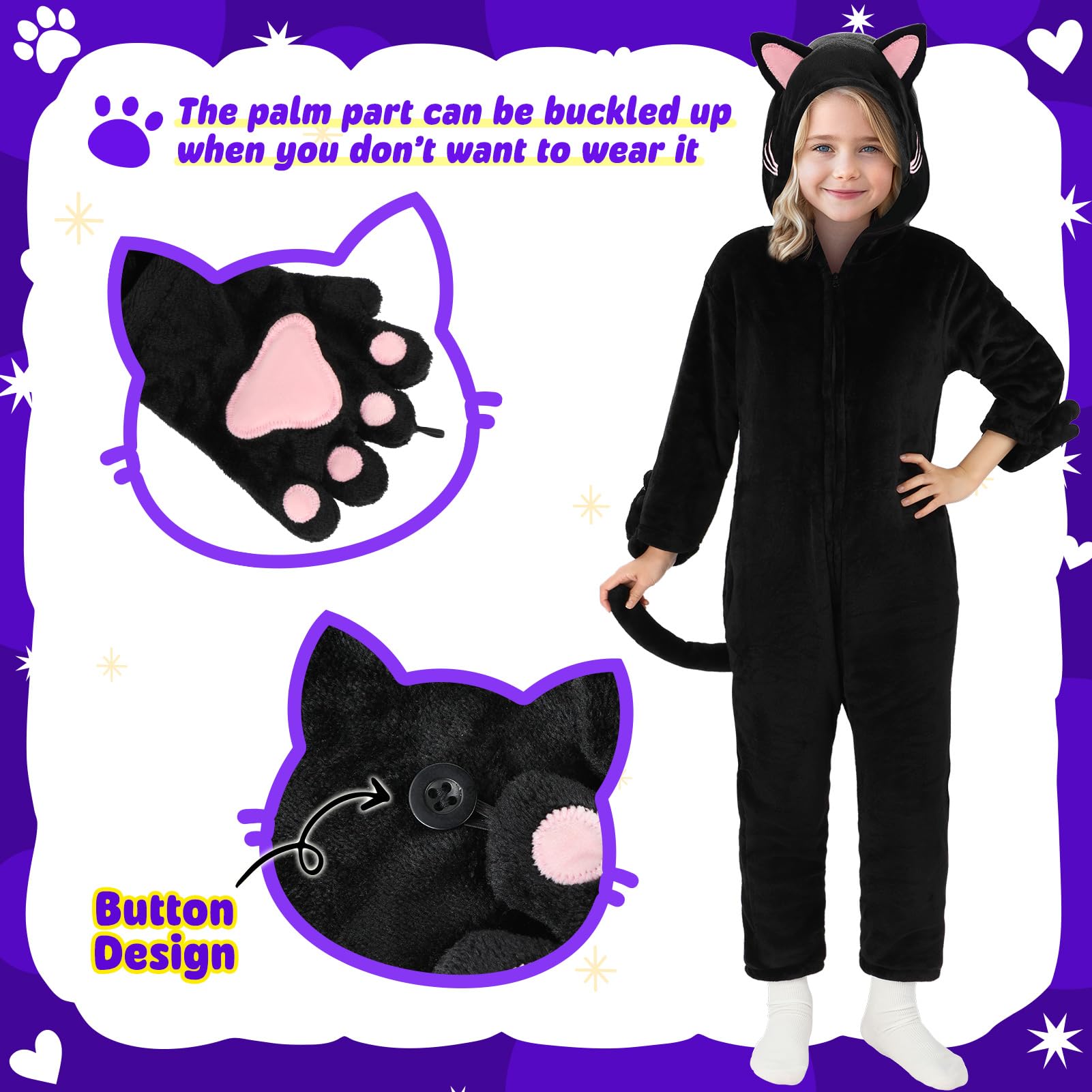 Joycover cat costume for girls front zipper for easy on and off.