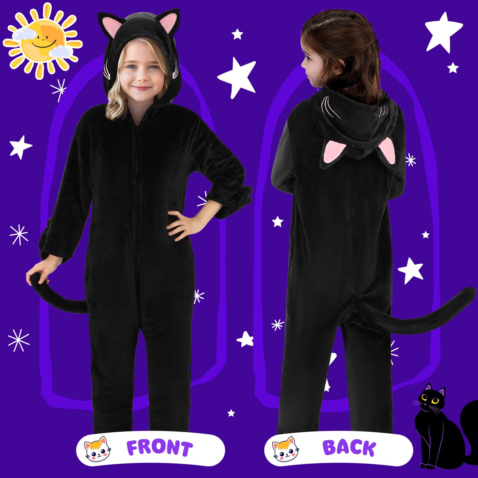 Joycover cat costume for girls with paw gloves, secure adjustable fit.