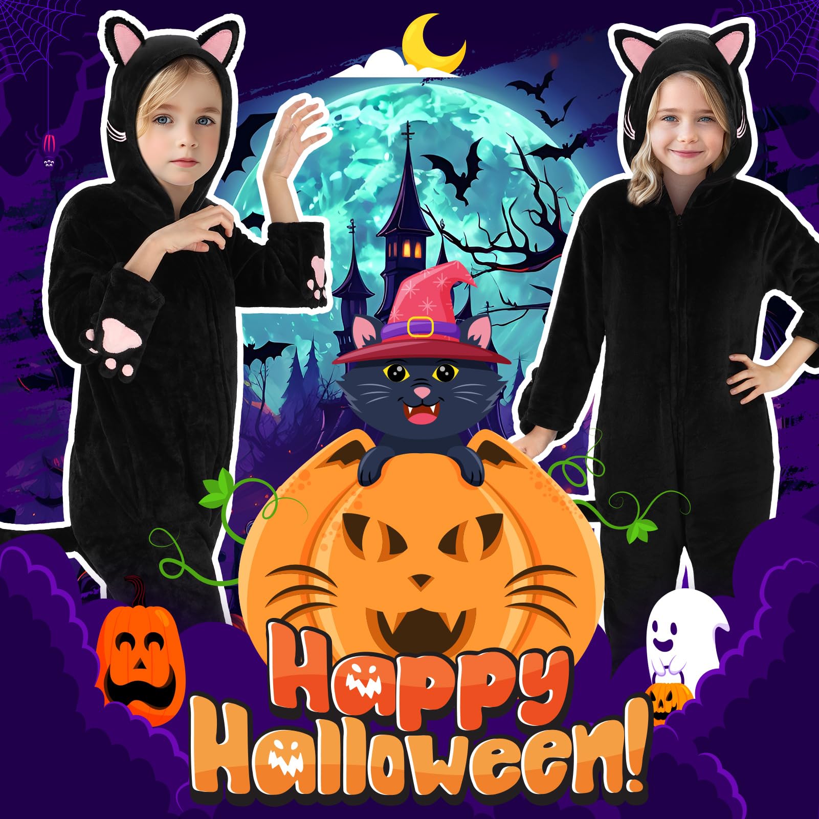 Joycover cat costume for girls made of soft polyester for gentle skin contact.