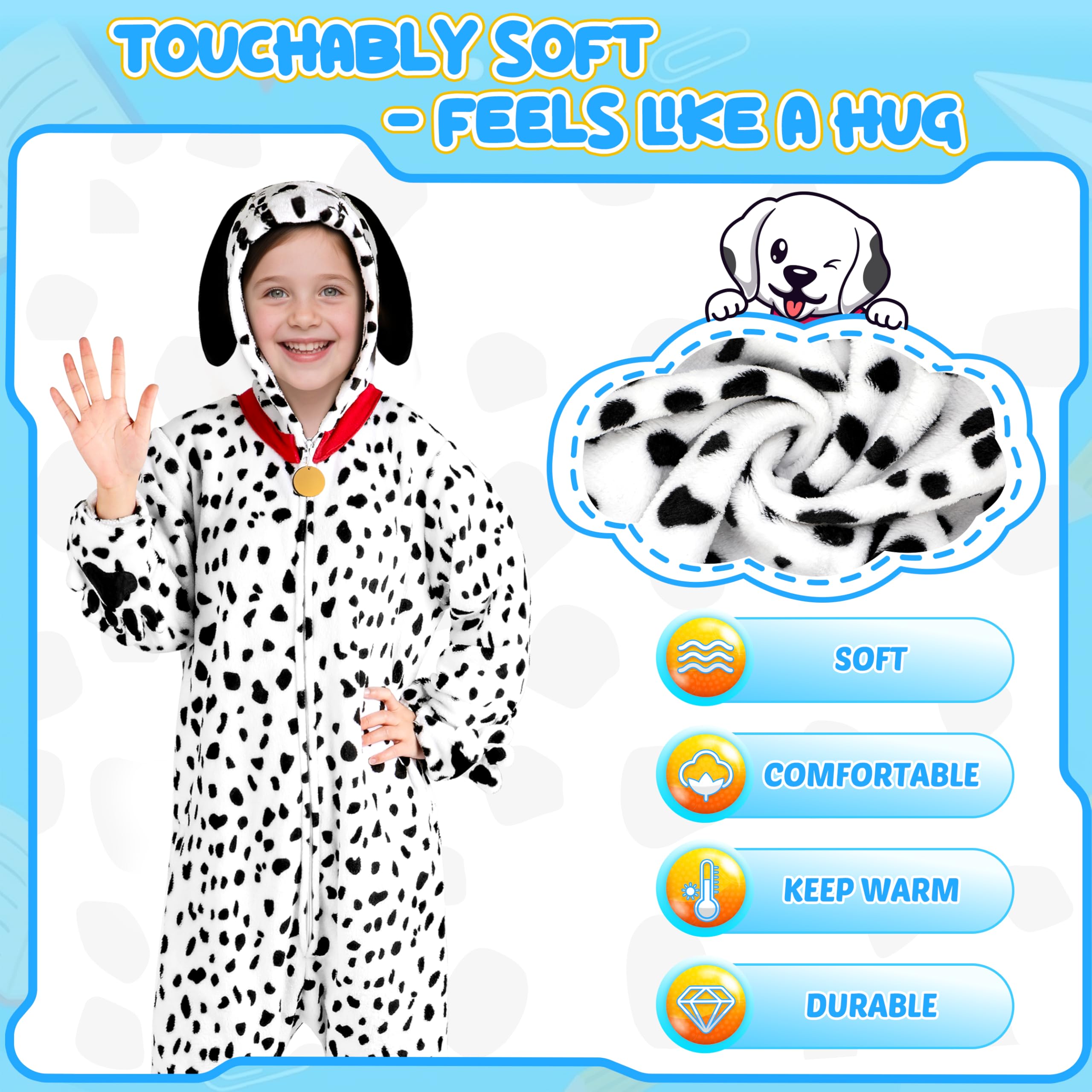 Joycover Dalmatian costume kids soft polyester fabric for comfortable all-night wear.
