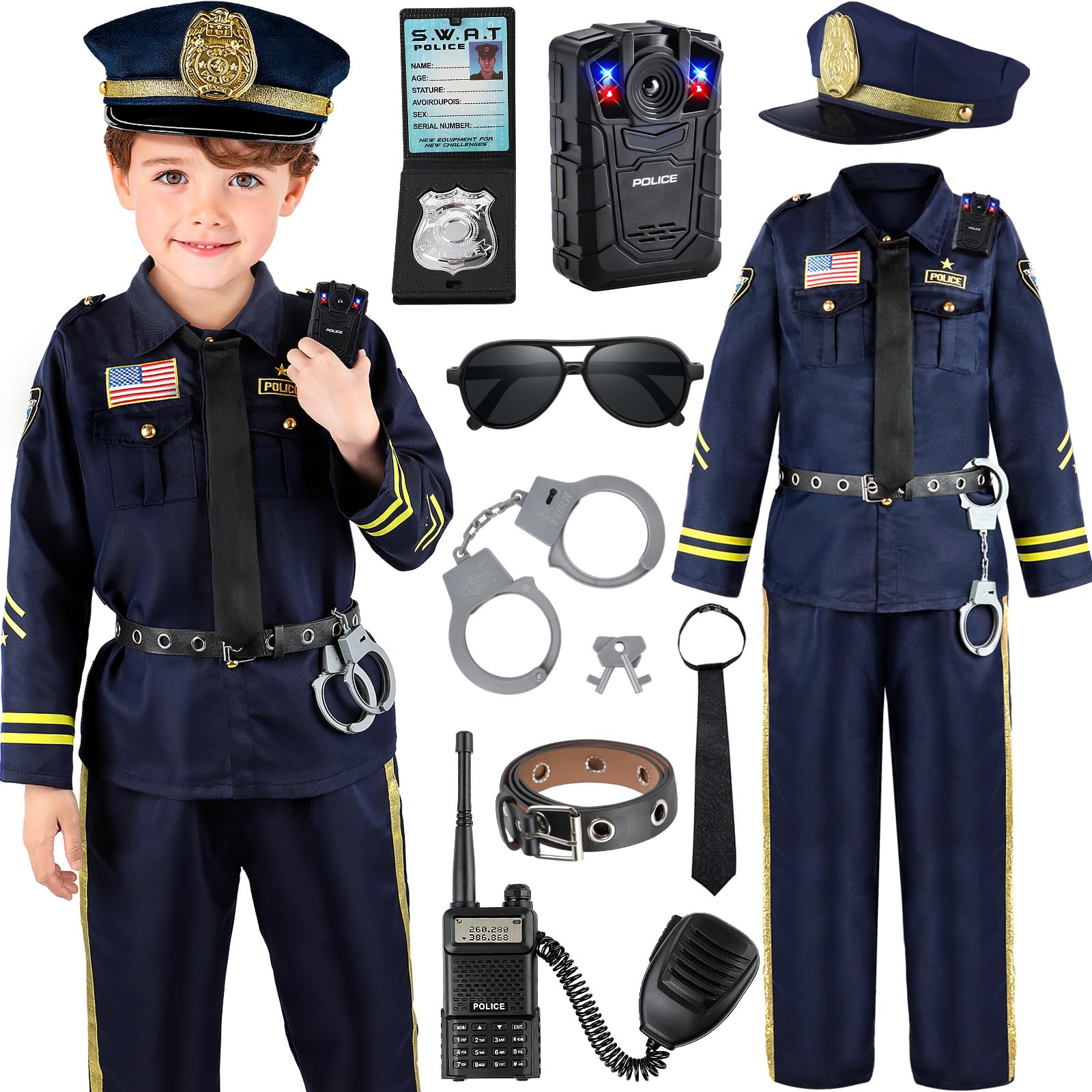 Joycover Kids Police Costume shirt-pants-hat set for authentic role-play adventures.