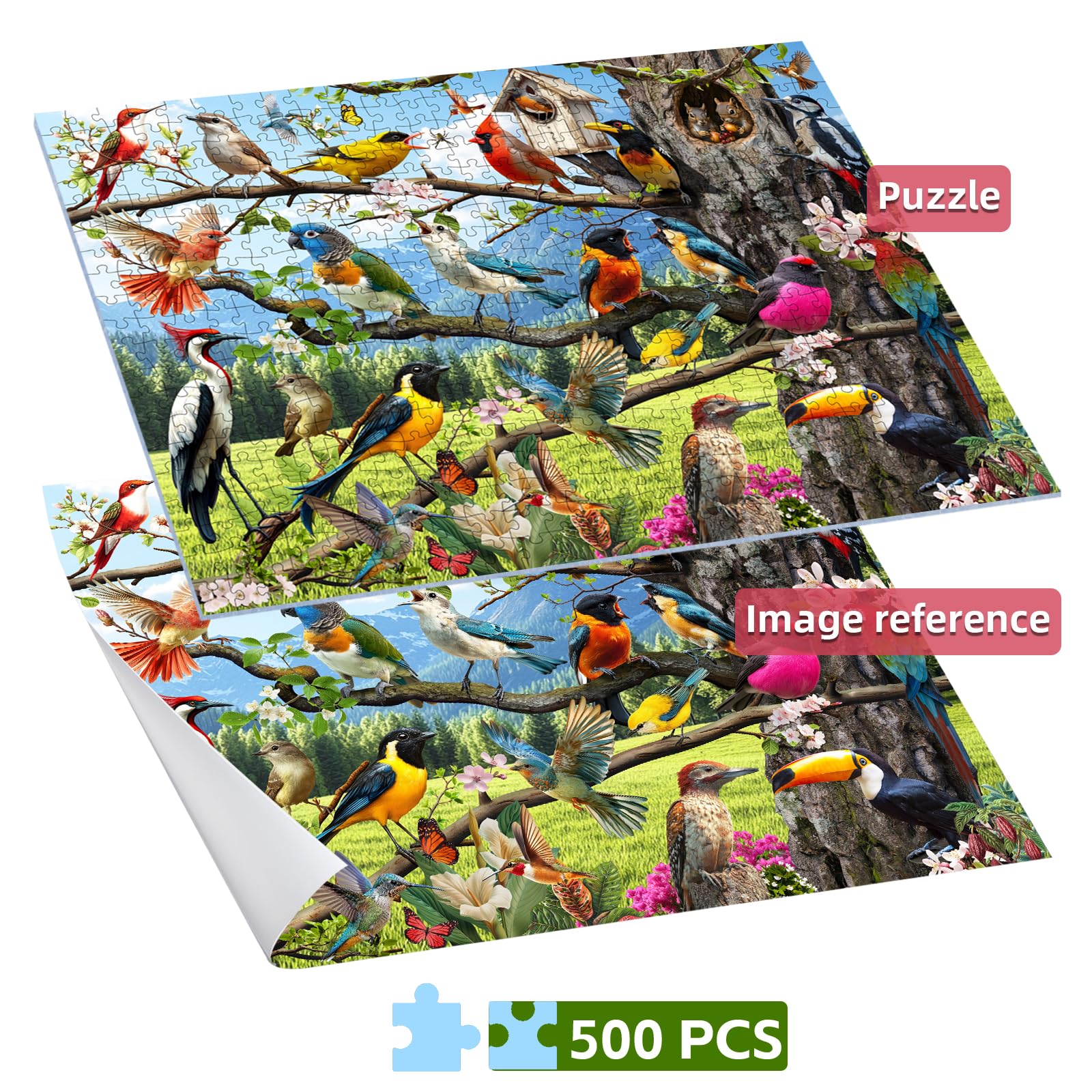 Birds and hummingbirds among flowers, ideal for nature-themed puzzle enjoyment.