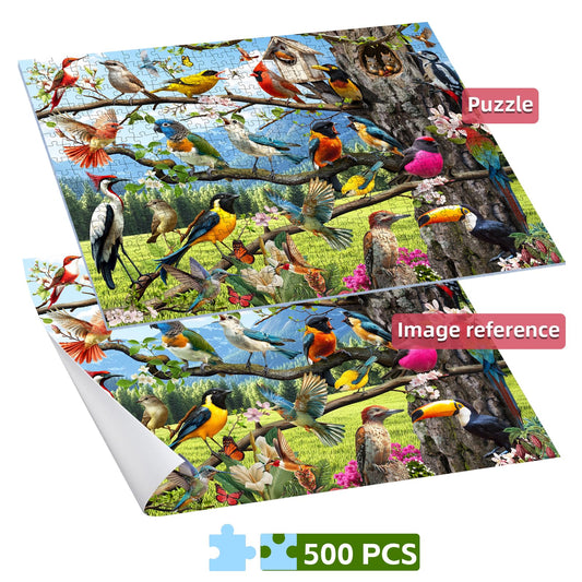 Birds and hummingbirds among flowers, ideal for nature-themed puzzle enjoyment.