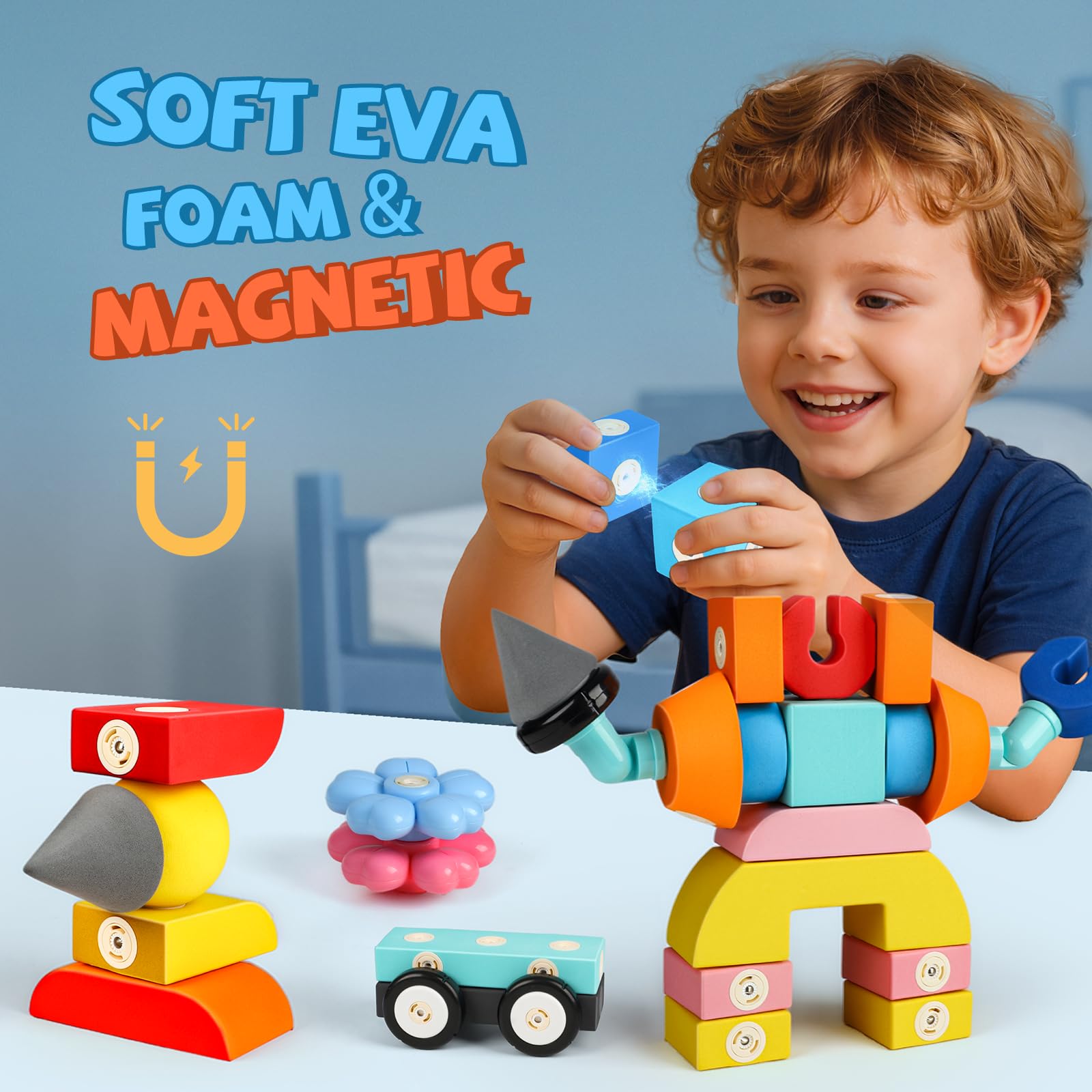 Joyfresh foam magnetic blocks with 360° rotation encourage exploration and play.