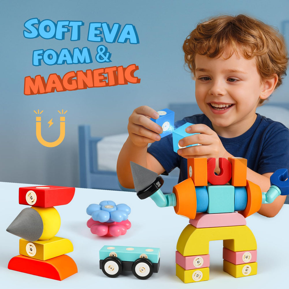 Joyfresh foam magnetic blocks with 360° rotation encourage exploration and play.