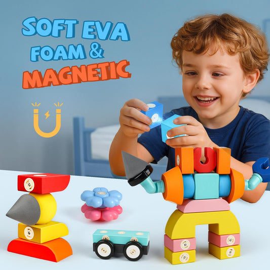 Joyfresh foam magnetic blocks with 360° rotation encourage exploration and play.