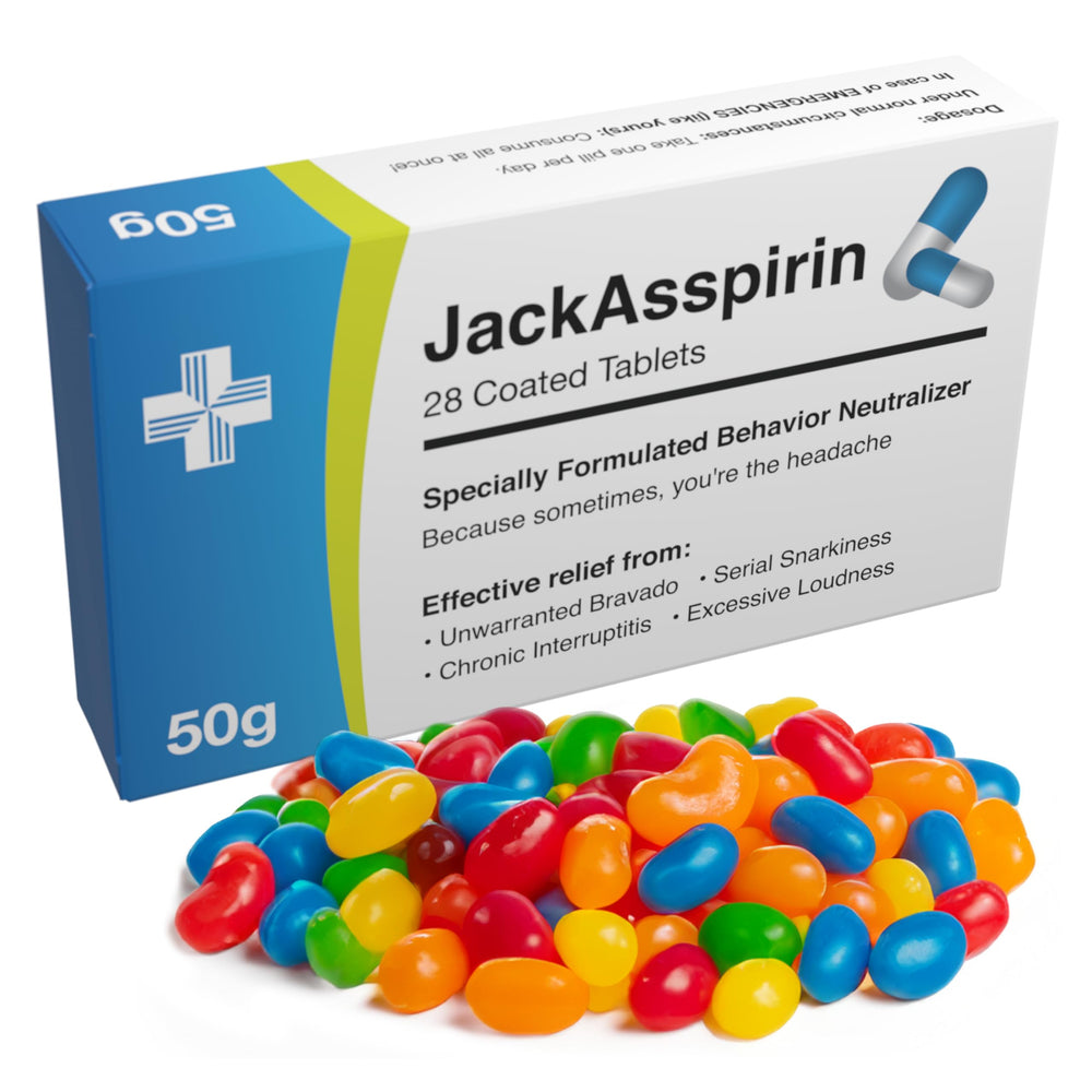 Joyful Clan JackA**pirin pill box open packaging, a realistic gag gift for quick laughs.