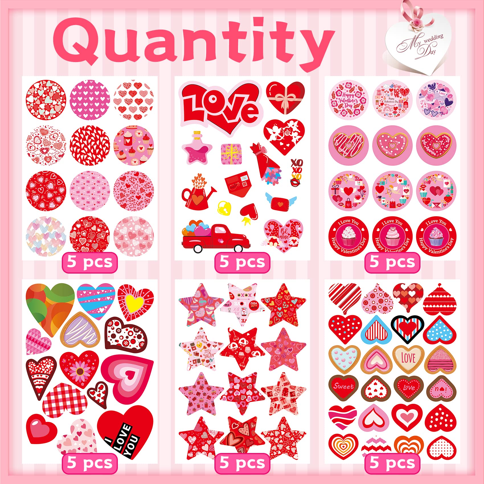 Joyful Start valentines stickers on envelopes, cards, and gifts