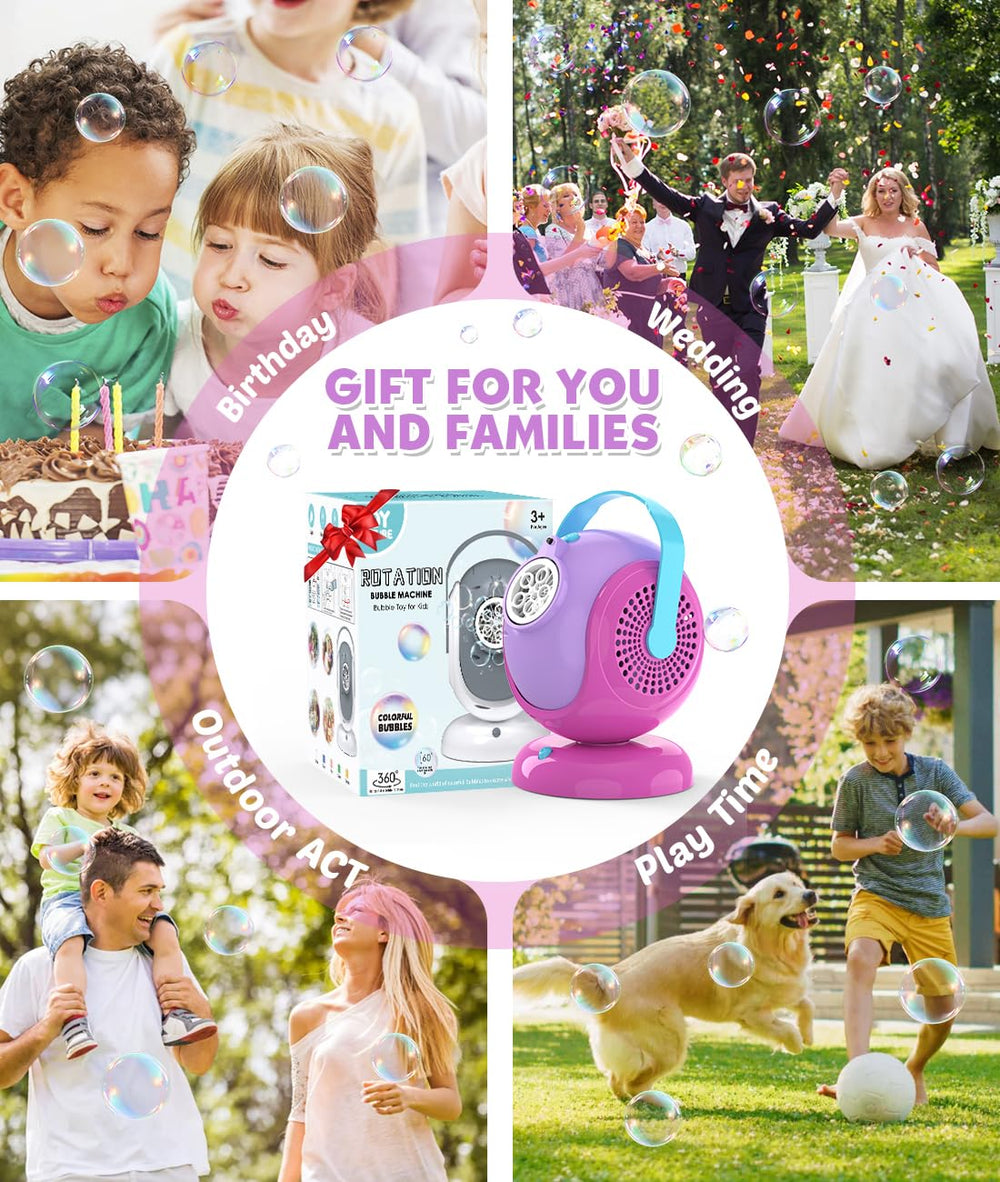 Joyfuture bubble machine adds backyard fun for family gatherings.