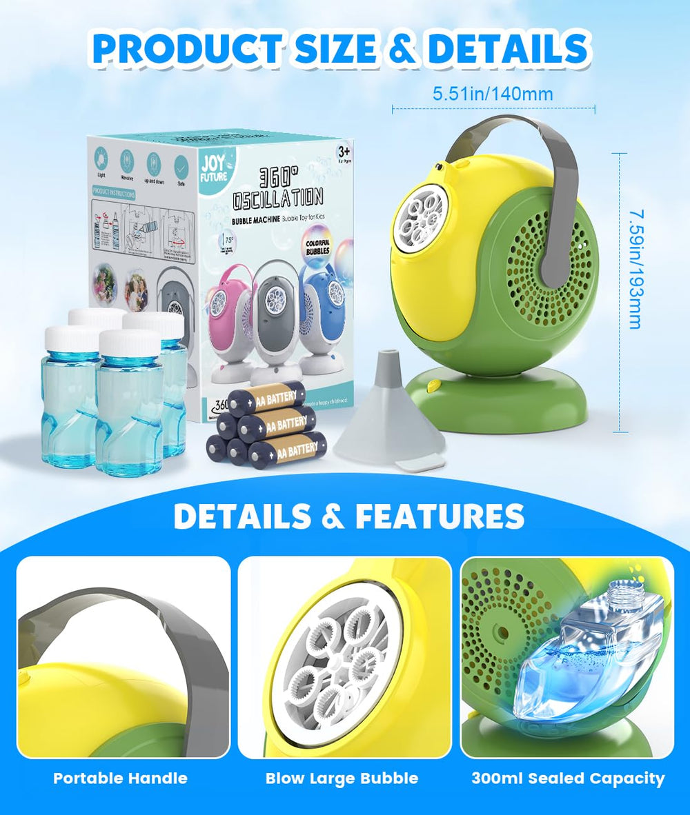 Joyfuture bubble machine package includes batteries, bottles, and funnel for quick setup.