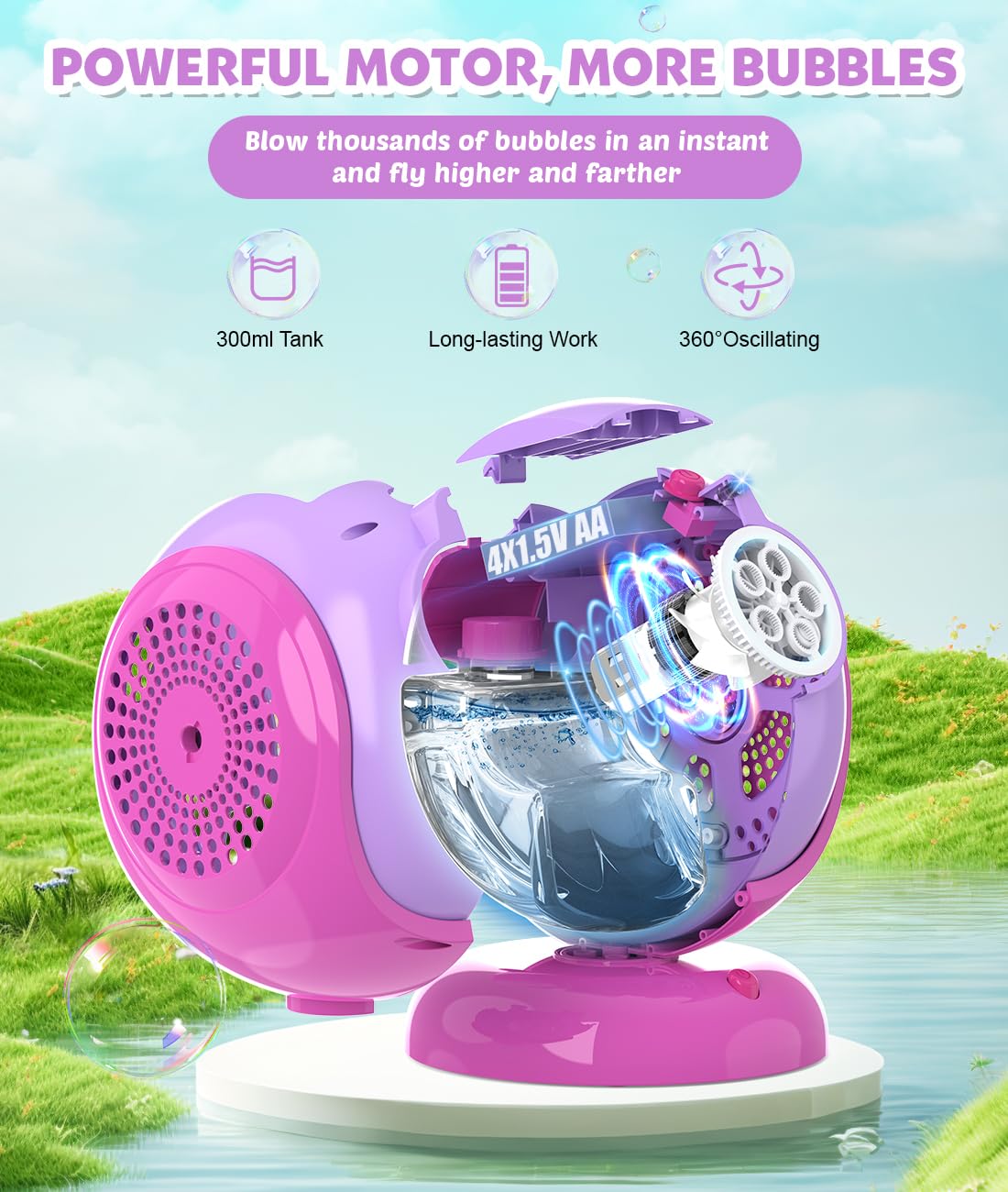 Joyfuture bubble machine glows with LED lights for magical outdoor evenings.