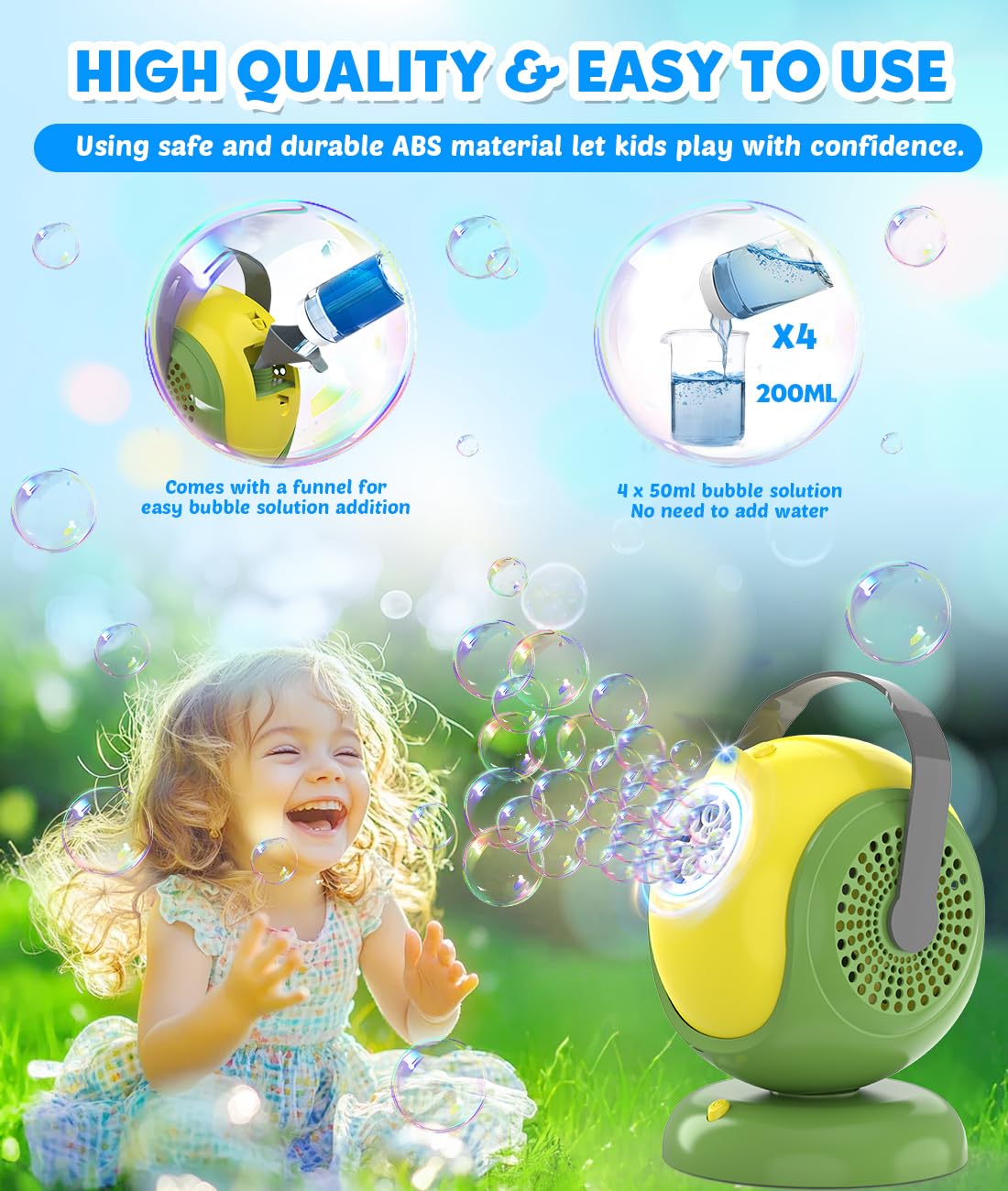 Joyfuture bubble machine featuring a convenient, ergonomic handle for transport.