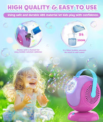 Joyfuture bubble machine includes 300ml solution and sealable reservoir.