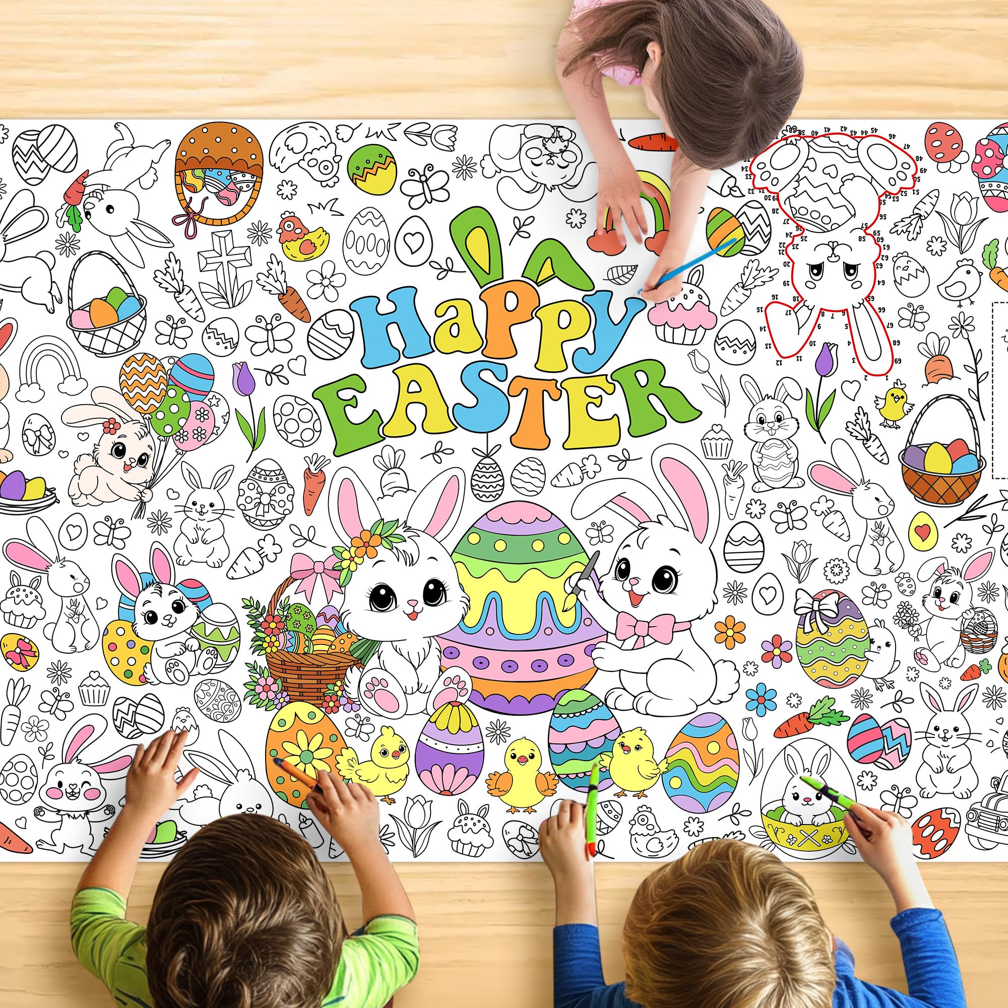 JOYGATHER Easter coloring tablecloth with bunny graphics for kids' coloring sessions.