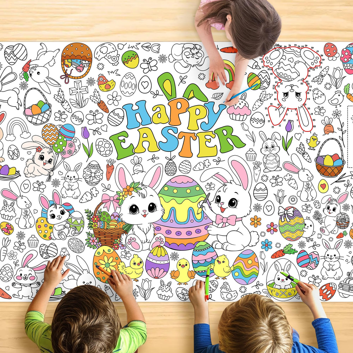 JOYGATHER Easter coloring tablecloth with bunny graphics for kids' coloring sessions.