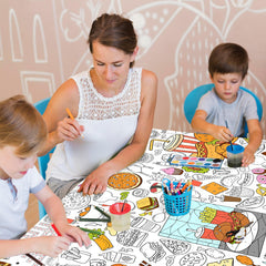 JOYGATHER family coloring tablecloth closeup shows vibrant patterns for shared crafts
