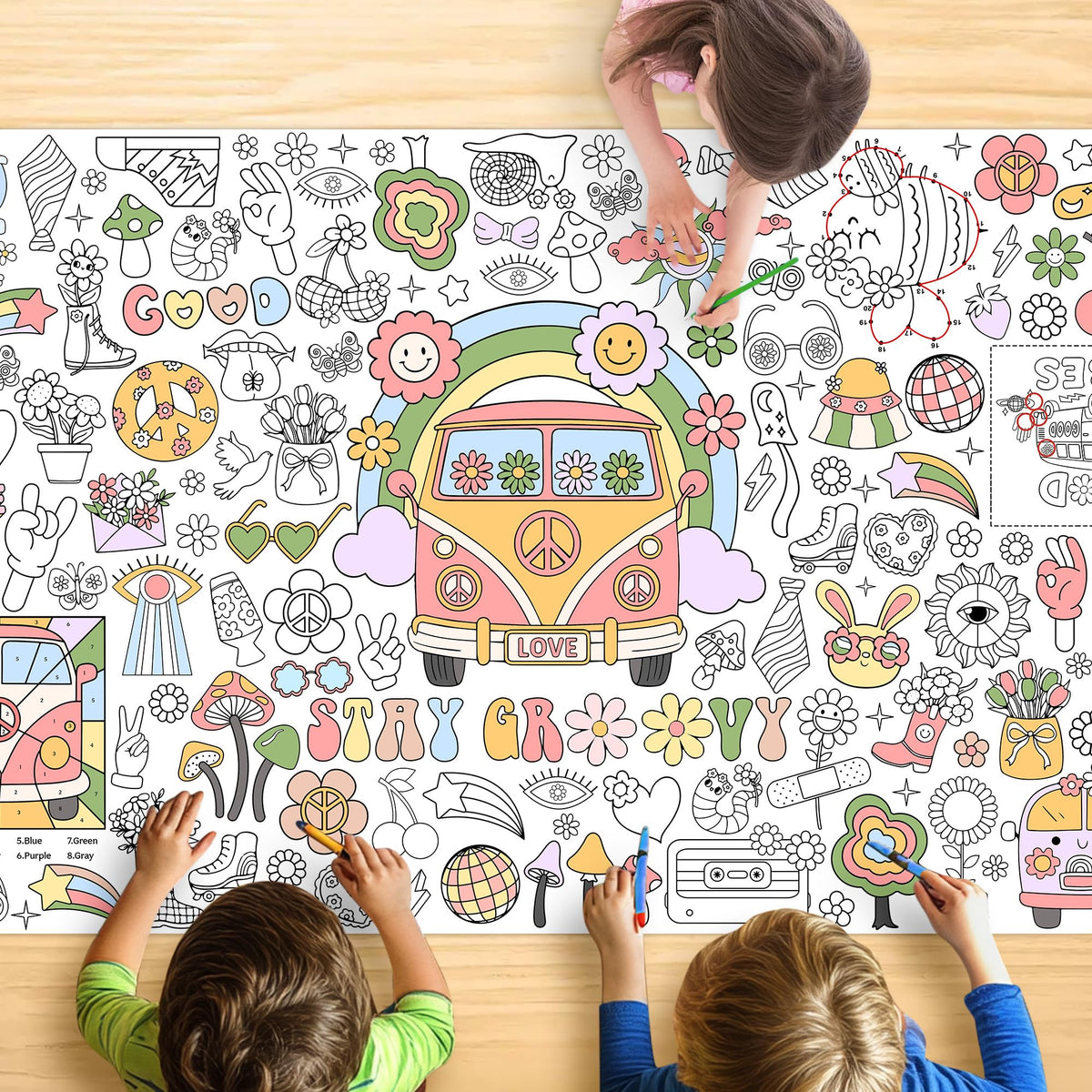 JOYGATHER groovy coloring tablecloth with peace signs ideal for group art at parties