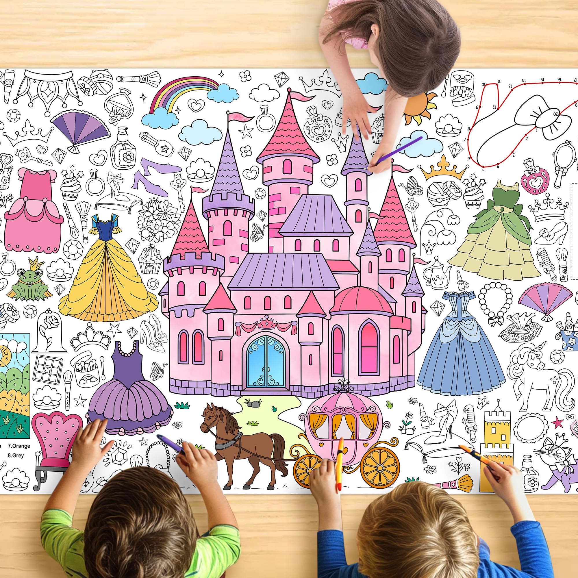 JOYGATHER Princess coloring tablecloth with castle scene for mess-free kids coloring.