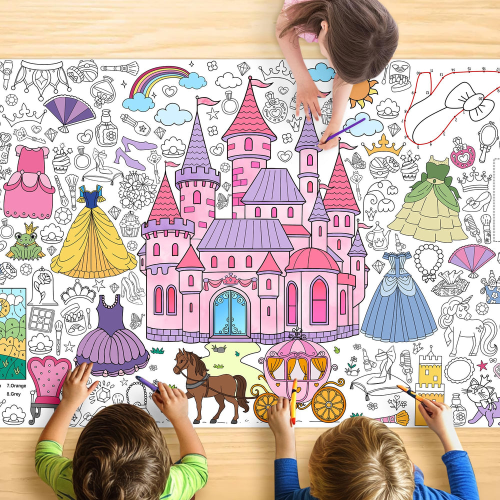 JOYGATHER Princess coloring tablecloth with castle scene for mess-free kids coloring.