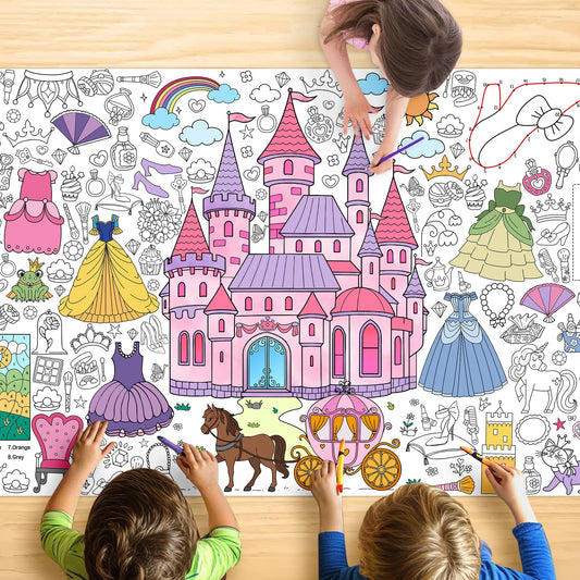JOYGATHER Princess coloring tablecloth with castle scene for mess-free kids coloring.