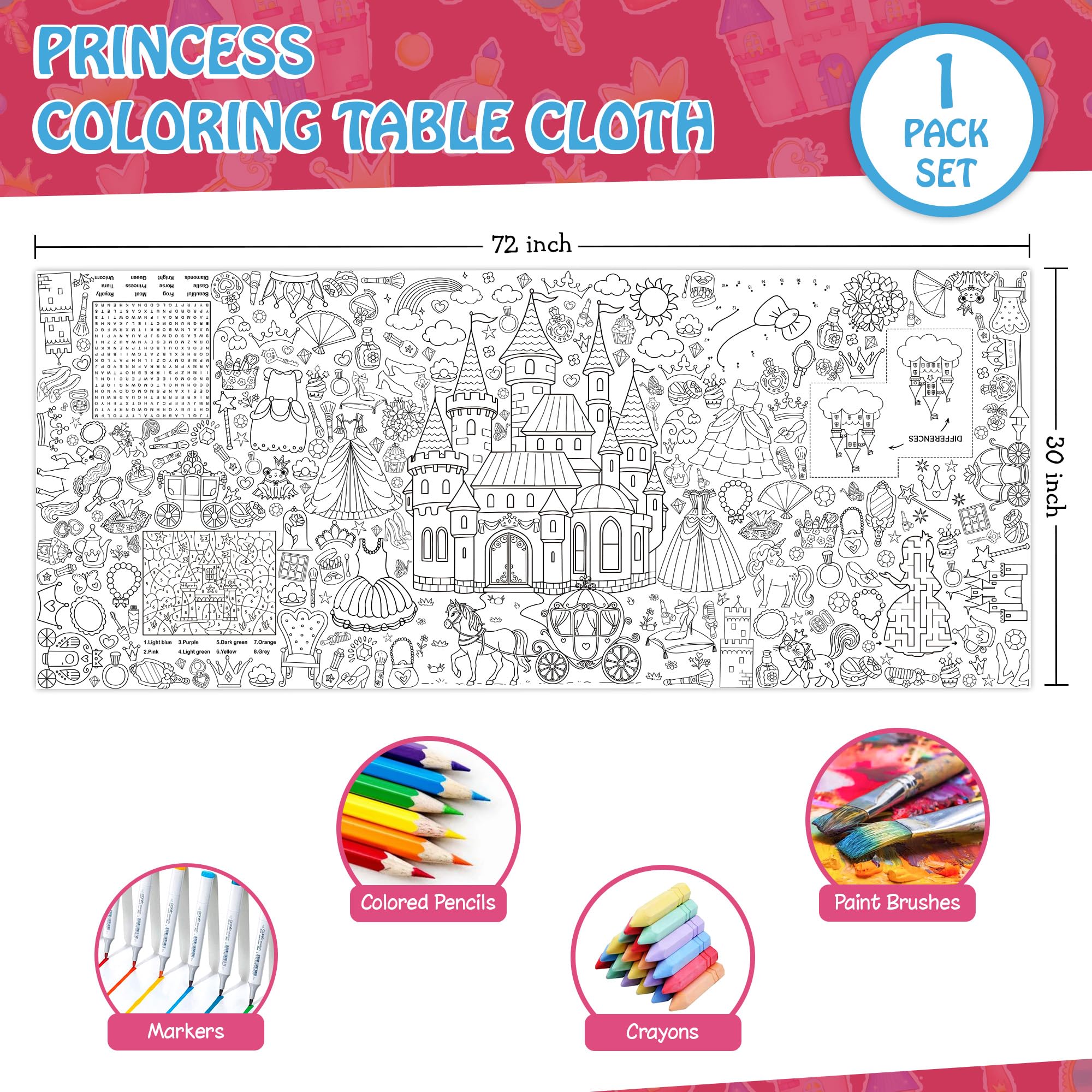 JOYGATHER Princess tablecloth shows crowns and fairy tale icons for imaginative play.