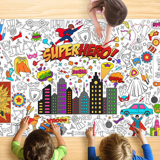 JOYGATHER superhero tablecloth with capes and masks for vibrant group coloring at parties.