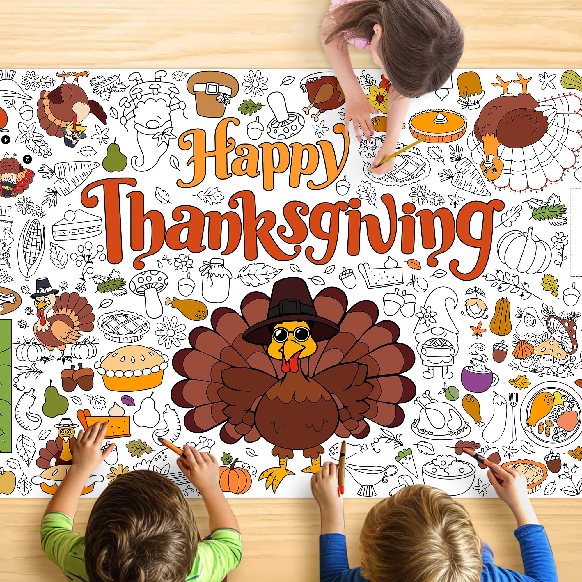 JOYGATHER Thanksgiving tablecloth with giant turkeys and pumpkins for interactive coloring