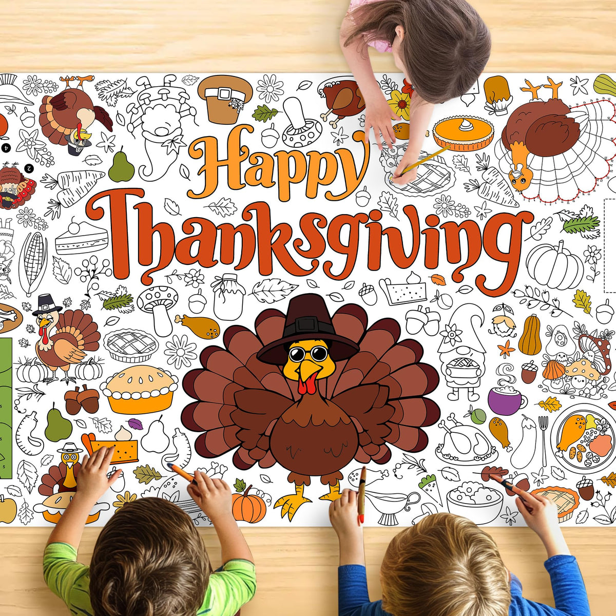 JOYGATHER Thanksgiving tablecloth with giant turkeys and pumpkins for interactive coloring