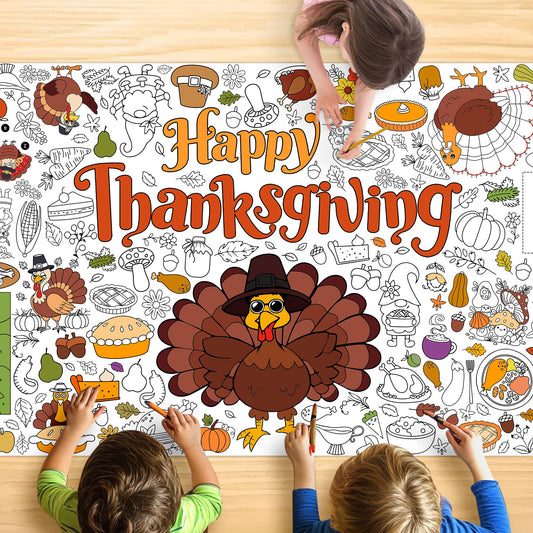 JOYGATHER Thanksgiving tablecloth with giant turkeys and pumpkins for interactive coloring