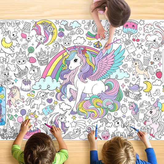 JOYGATHER Unicorn Coloring Tablecloth provides a mess-free surface for group coloring.