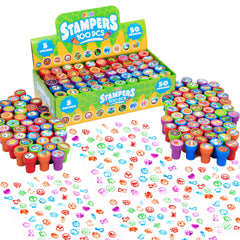 JOYIN 100-pcs stamps with dinosaur designs for creative play and classroom prizes.