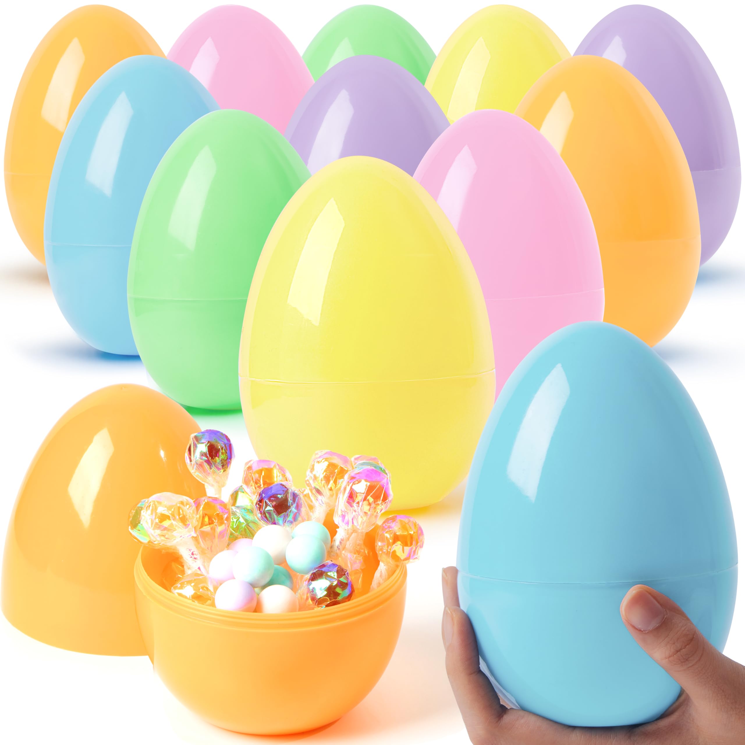 JOYIN 12-pack jumbo pastel Easter eggs, 6 inches tall, ideal for large hunts and decor.