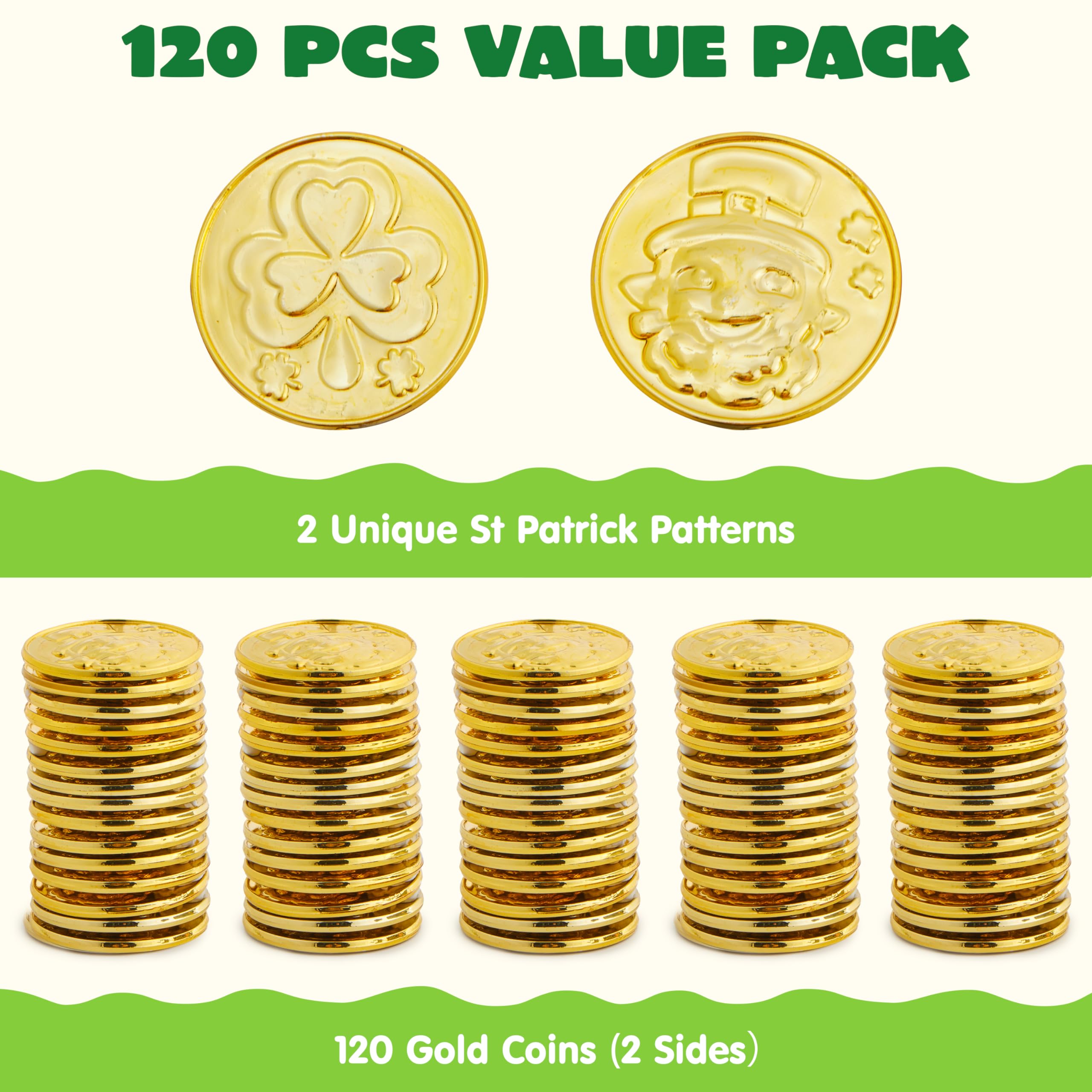 JOYIN 120 Pcs gold coins with leprechaun motif for table decorations.