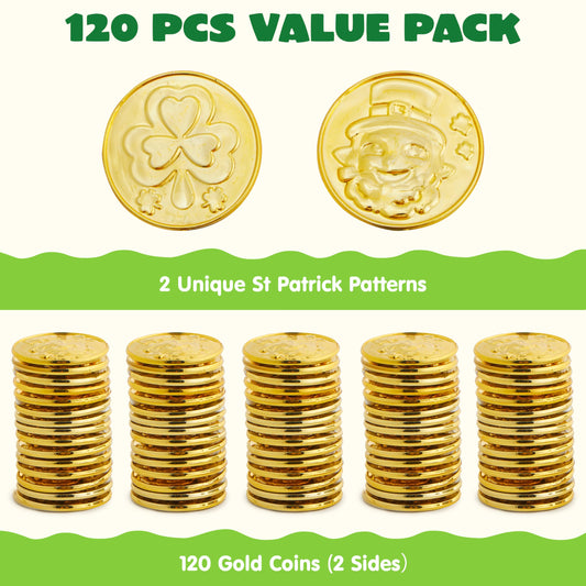 JOYIN 120 Pcs gold coins with leprechaun motif for table decorations.