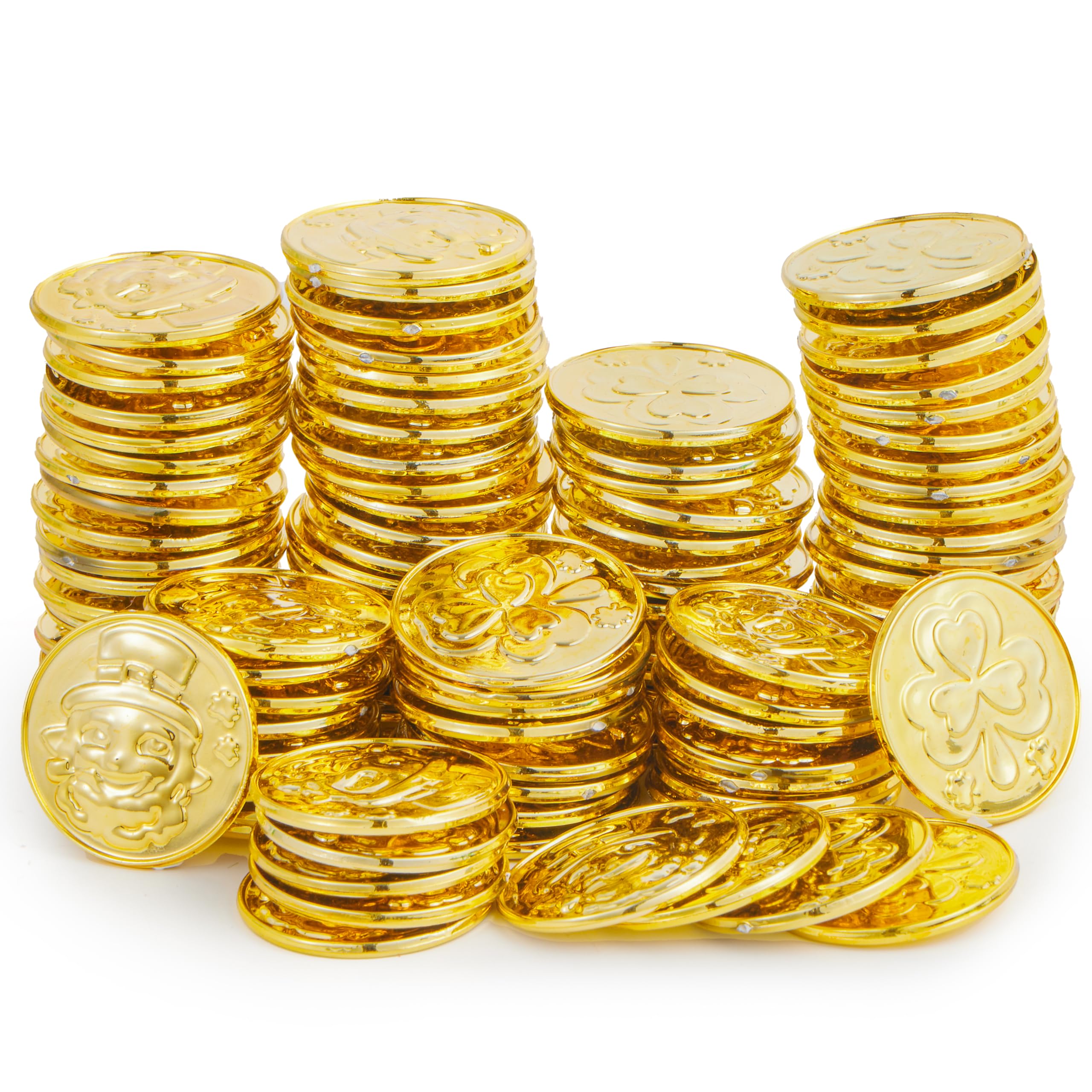 JOYIN 120 Pcs gold coins with shamrock design for party favors and décor.